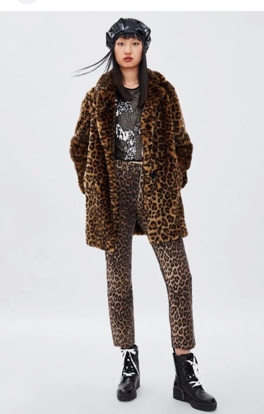 Zara Faux Furs Leopard Duffle Coat Long Front Zip Hood med SOFT